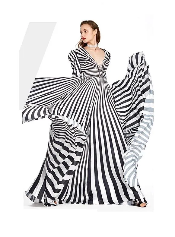 Limited black and white stripe long sleeve V neck maxi evening gown -  Cher