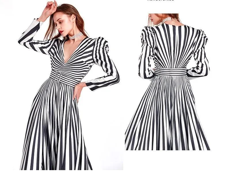 Limited black and white stripe long sleeve V neck maxi evening gown -  Cher