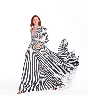 Limited black and white stripe long sleeve V neck maxi evening gown -  Cher