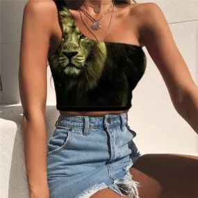 Lion Vest Tops Women Animal Tees Graphic Anime Sleeveless Shirt Harajuku Midriff T shirt Hilarious One Shoulder Crop