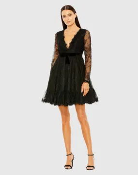 Long Sleeve Deep V Lace Babydoll Dress