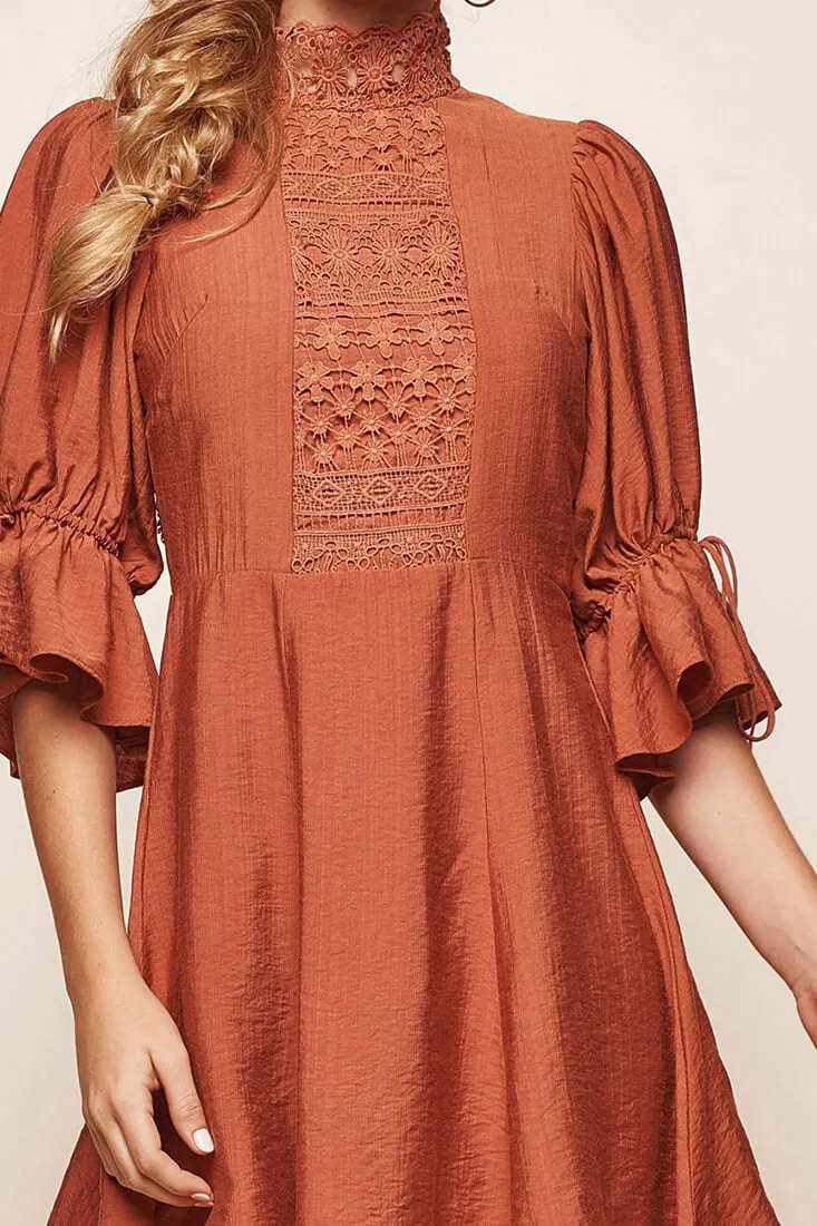 Martha High Neck Babydoll Dress Rust