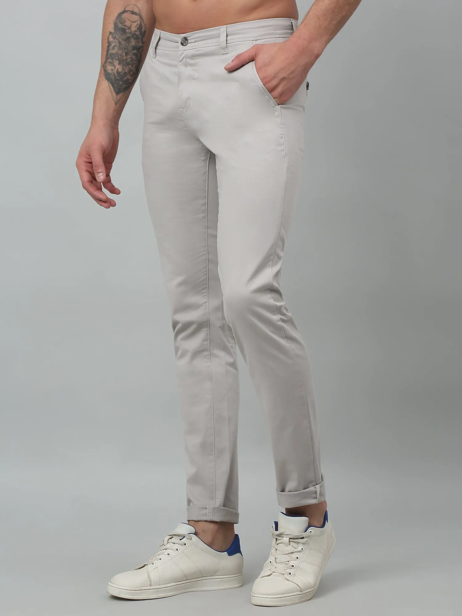 Men's Casual Flat front Silver  Trousers