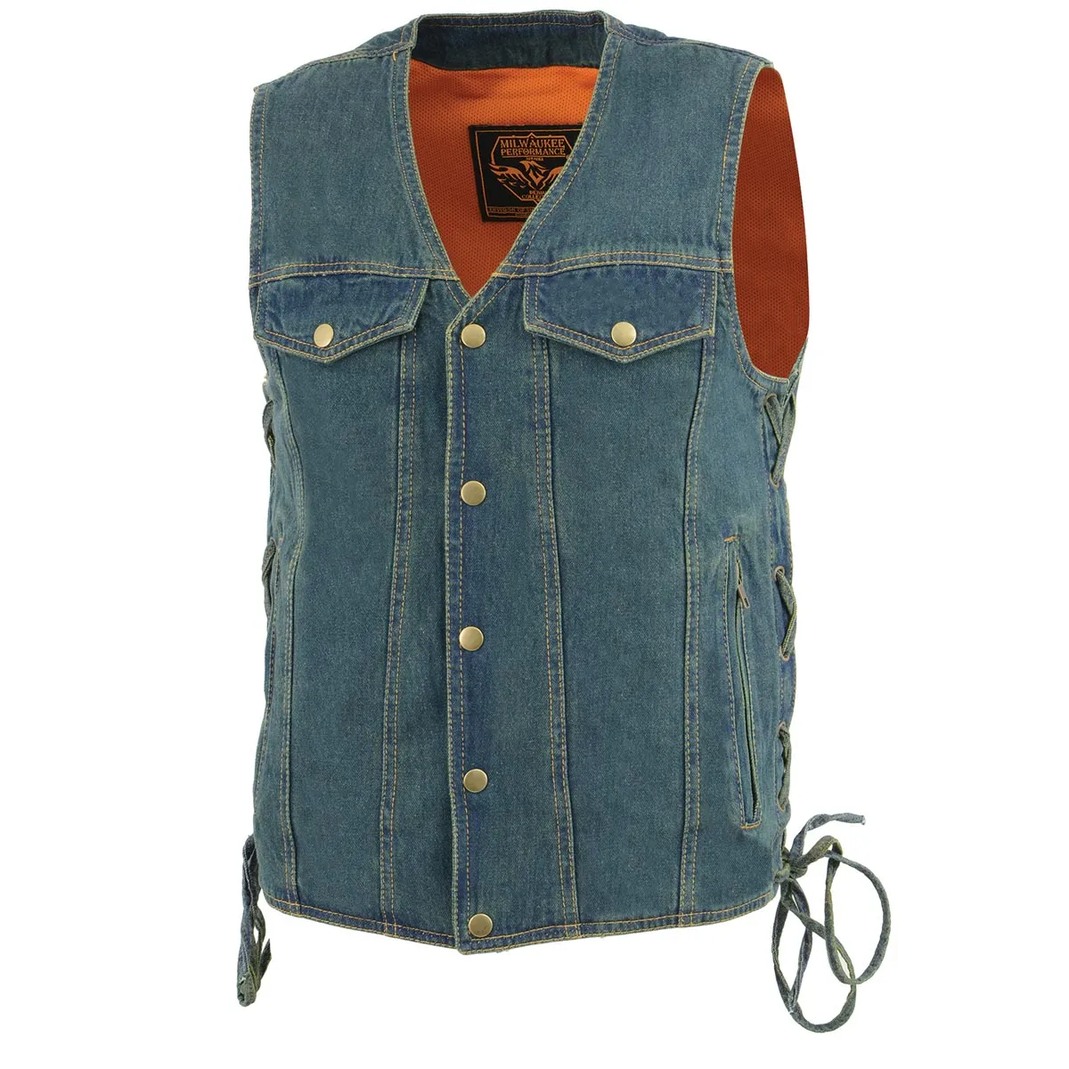 Milwaukee Leather DM1360 Men's Classic Blue Denim Motorcycle Biker Riders Vest w/ Adjustable Side Laces