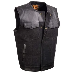 Milwaukee Leather MDM3003 Men's 'Brute' Concealed Snap Black Denim and Black Leather Club Style Vest w/ Hidden Zipper