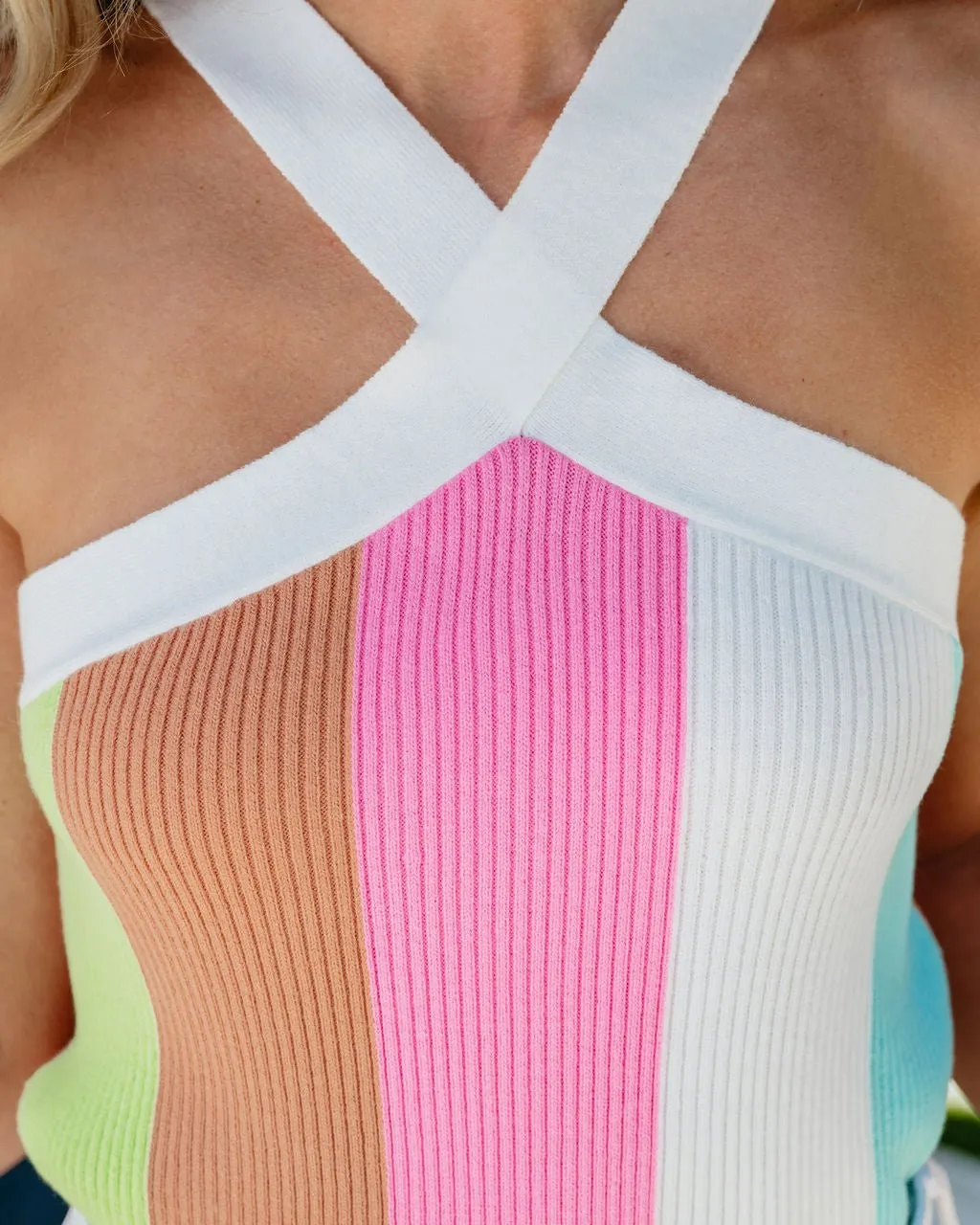 Multi Striped Cross Front Halter Tank Top - FINAL SALE