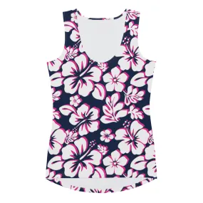 Navy Blue, Hot Pink and White Hawaiian Flowers Women's Athletic Swim Tank Top