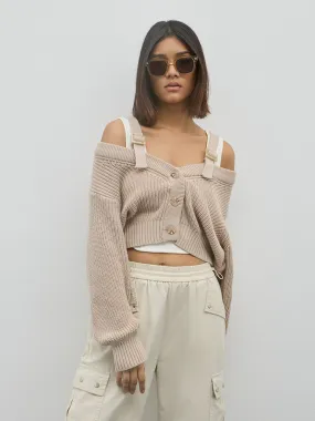 Nuon Beige Knit-Textured Cotton Blend Cardigan