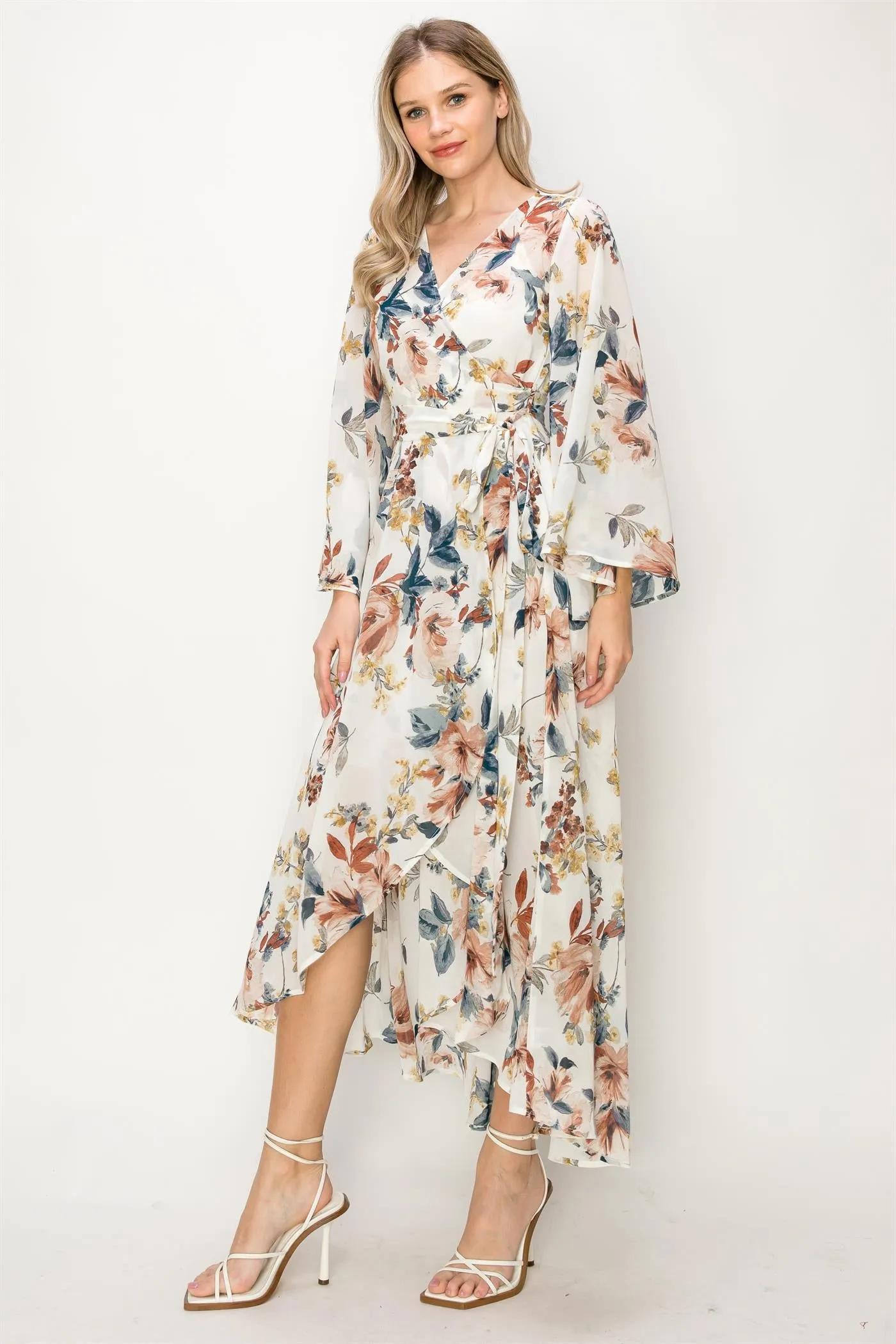 OL24A088-V-NECK WRAP HIGH-LOW MAXI DRESS