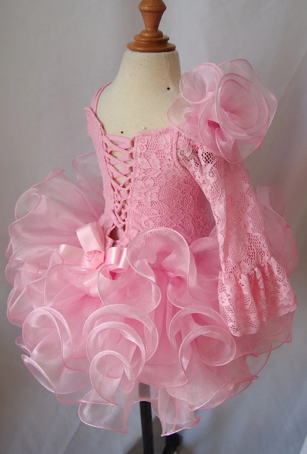 One Shoulder Pink Lace Little Girl Natural Cupcake Pageant Dress