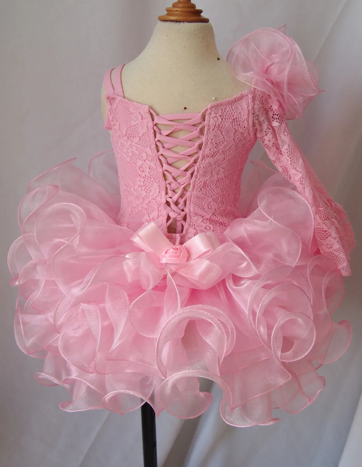 One Shoulder Pink Lace Little Girl Natural Cupcake Pageant Dress