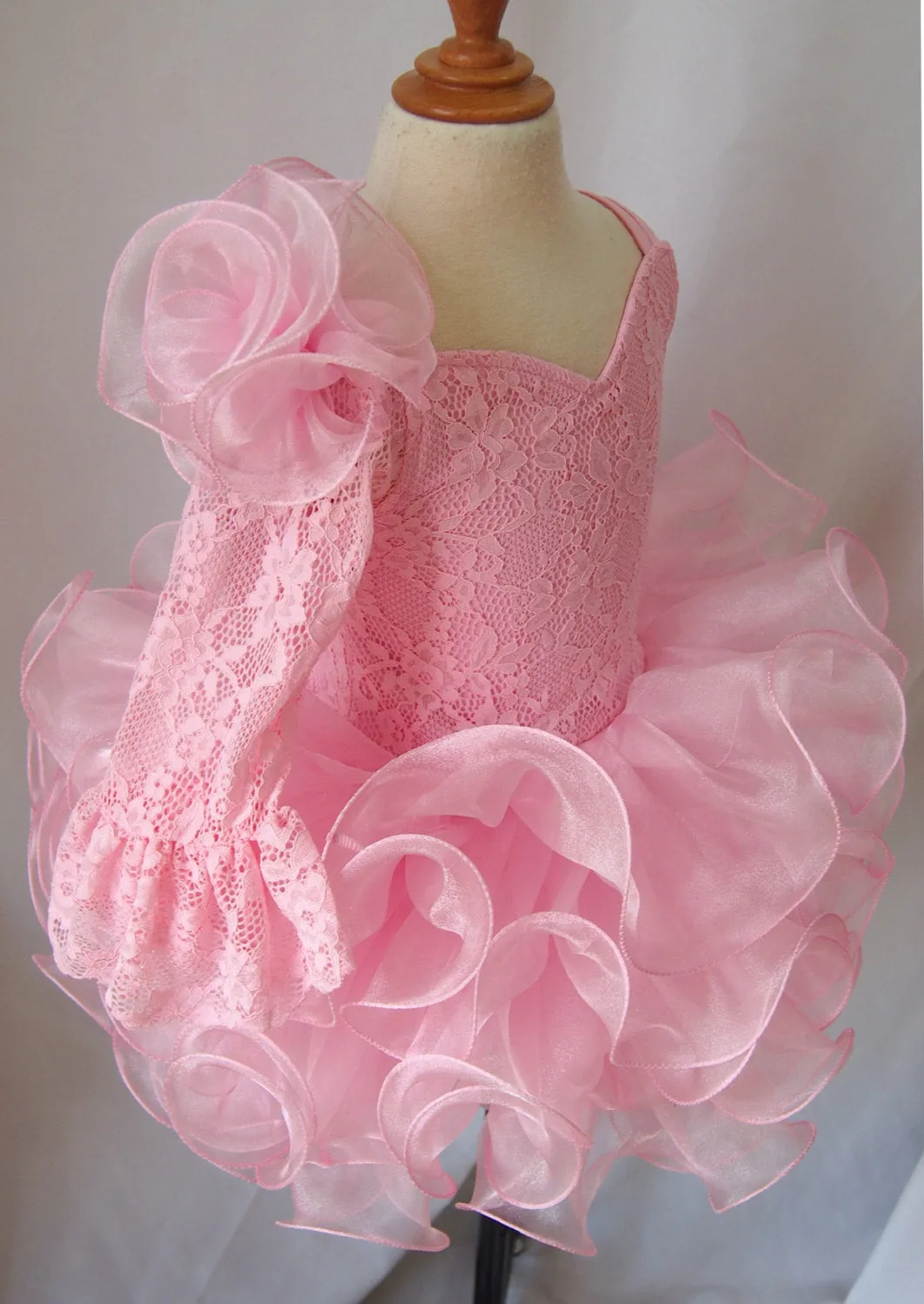 One Shoulder Pink Lace Little Girl Natural Cupcake Pageant Dress