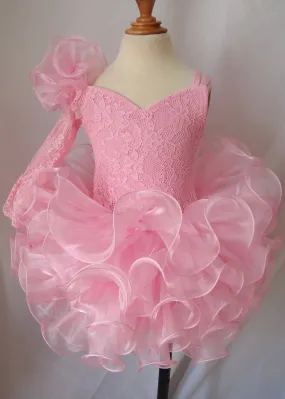 One Shoulder Pink Lace Little Girl Natural Cupcake Pageant Dress