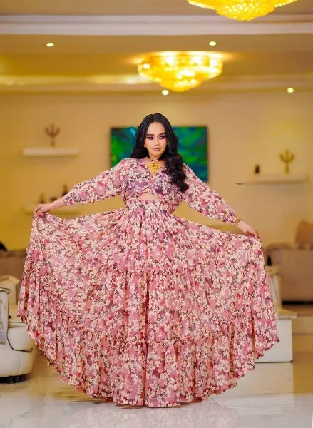 Pink Cutout Stylish Habesha Chiffon: with Floral Details Ethiopian Made Chiffon Dress