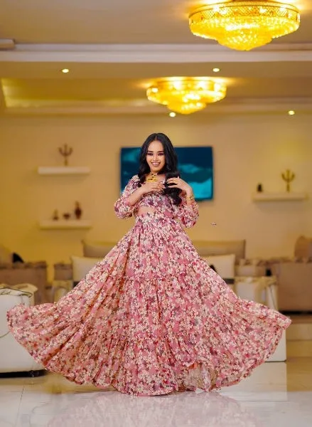 Pink Cutout Stylish Habesha Chiffon: with Floral Details Ethiopian Made Chiffon Dress