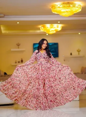 Pink Cutout Stylish Habesha Chiffon: with Floral Details Ethiopian Made Chiffon Dress