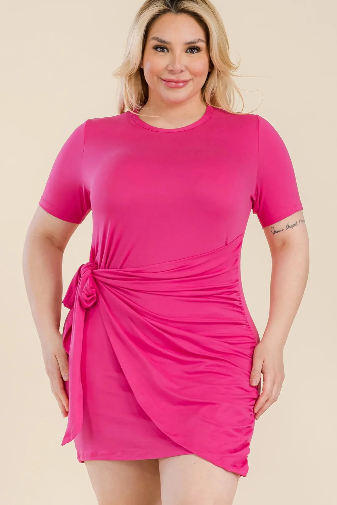 Plus Size Solid Wrap Front Tie Side Short Sleeve Mini Dress