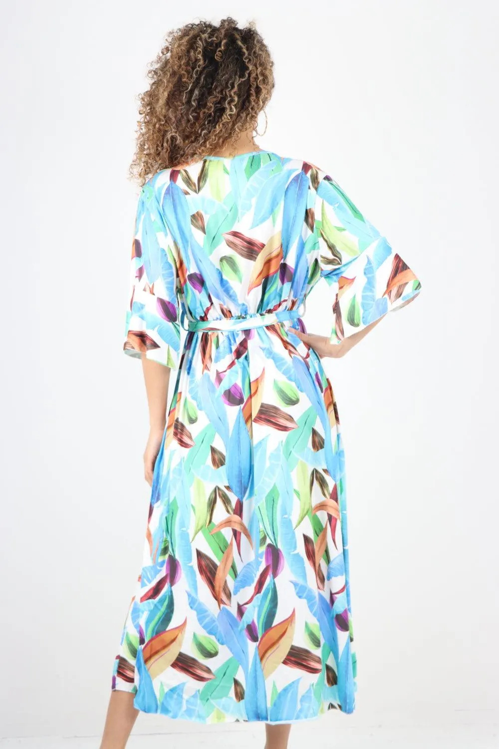 Printed Elasticated Waist Tie Multi Leaf Wrap Over Maxi Dress