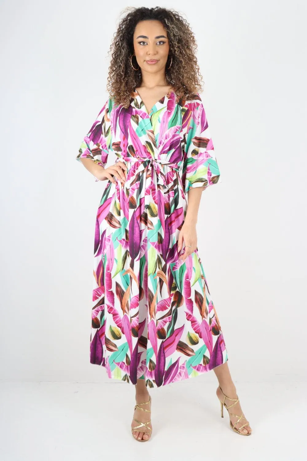 Printed Elasticated Waist Tie Multi Leaf Wrap Over Maxi Dress