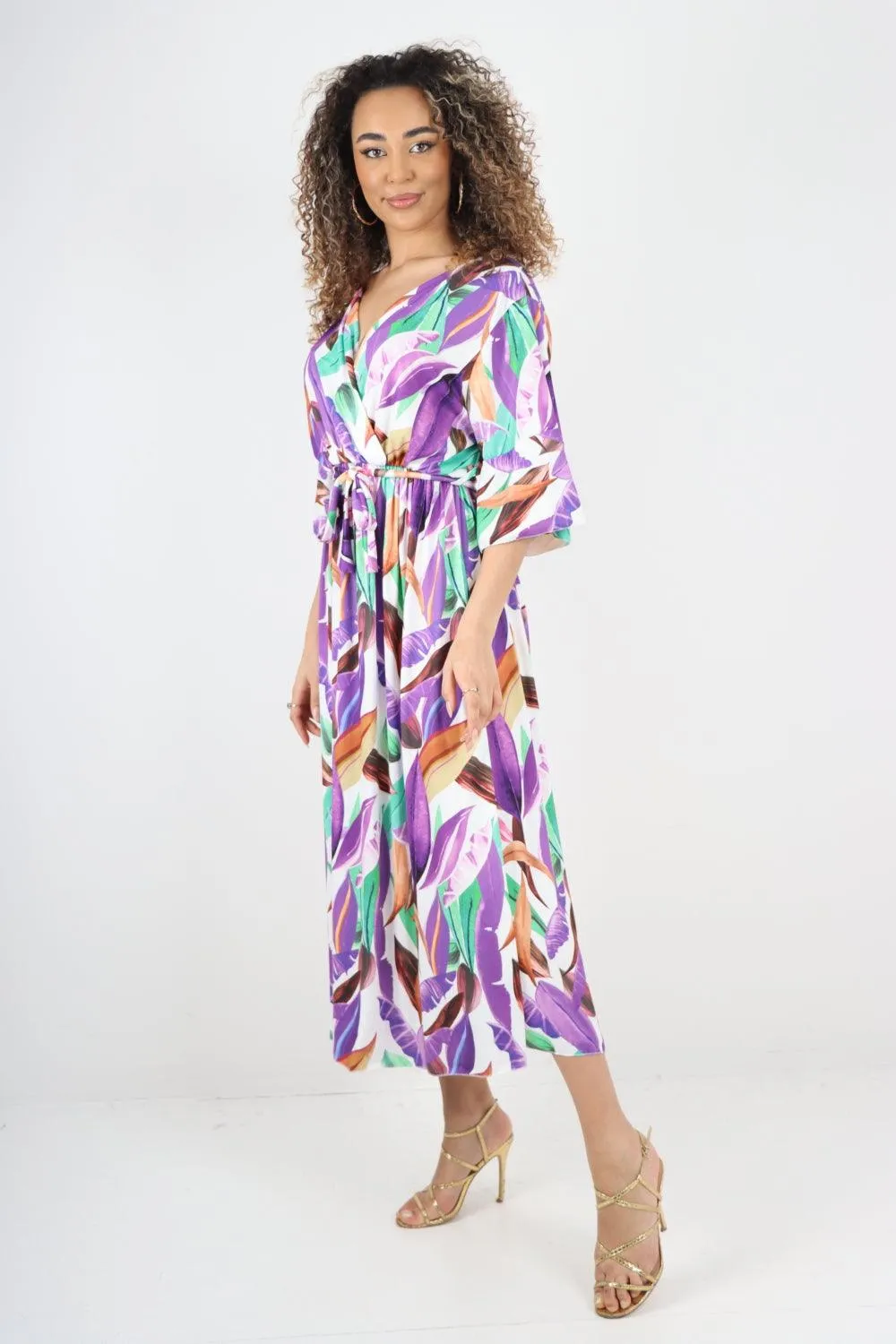 Printed Elasticated Waist Tie Multi Leaf Wrap Over Maxi Dress