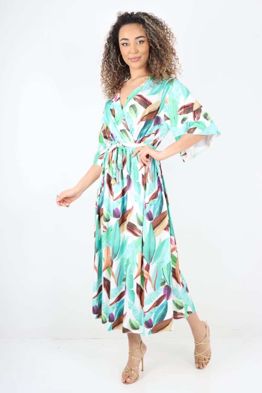 Printed Elasticated Waist Tie Multi Leaf Wrap Over Maxi Dress