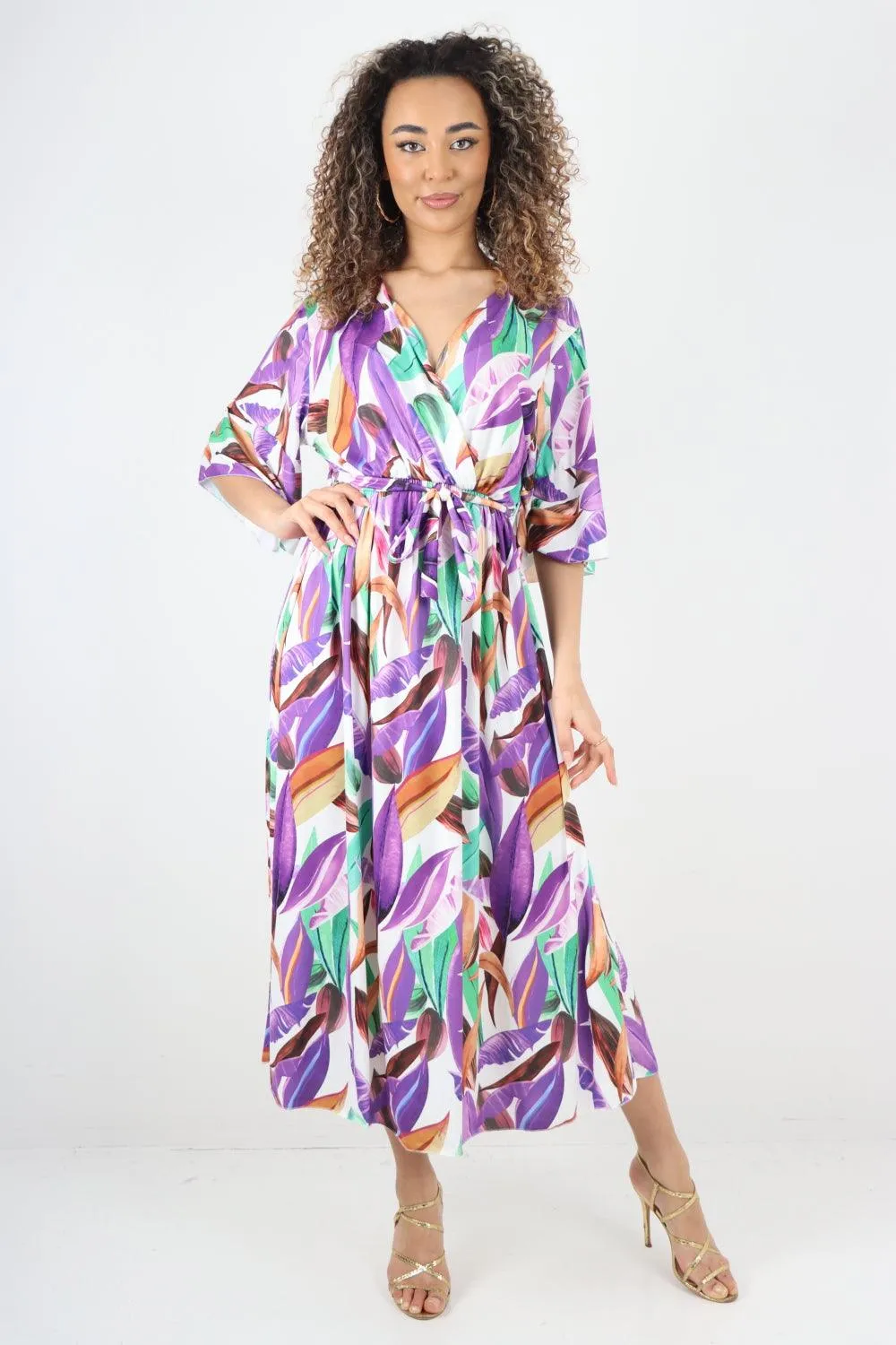 Printed Elasticated Waist Tie Multi Leaf Wrap Over Maxi Dress