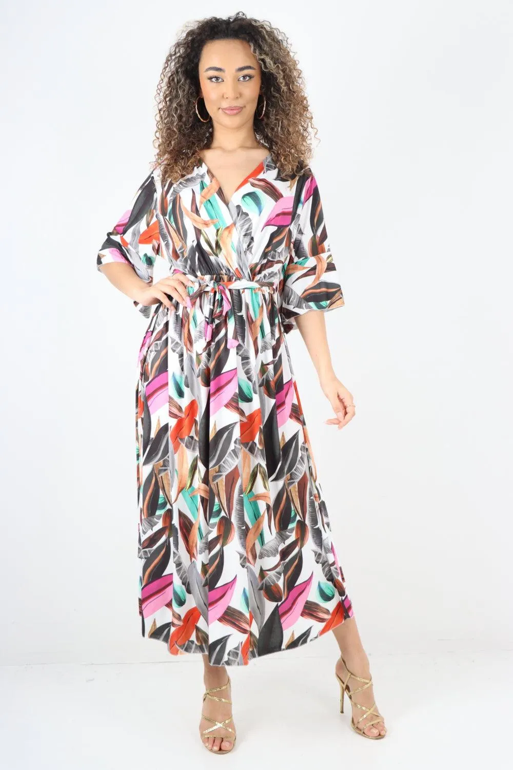 Printed Elasticated Waist Tie Multi Leaf Wrap Over Maxi Dress