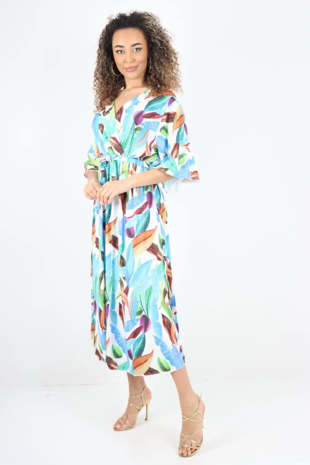 Printed Elasticated Waist Tie Multi Leaf Wrap Over Maxi Dress