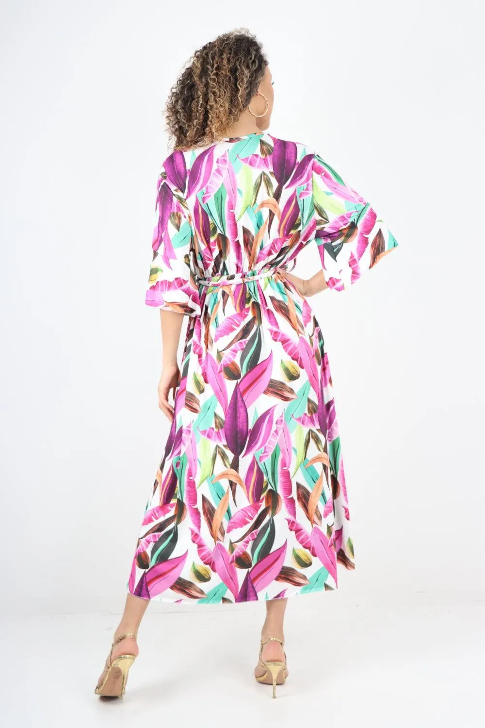 Printed Elasticated Waist Tie Multi Leaf Wrap Over Maxi Dress