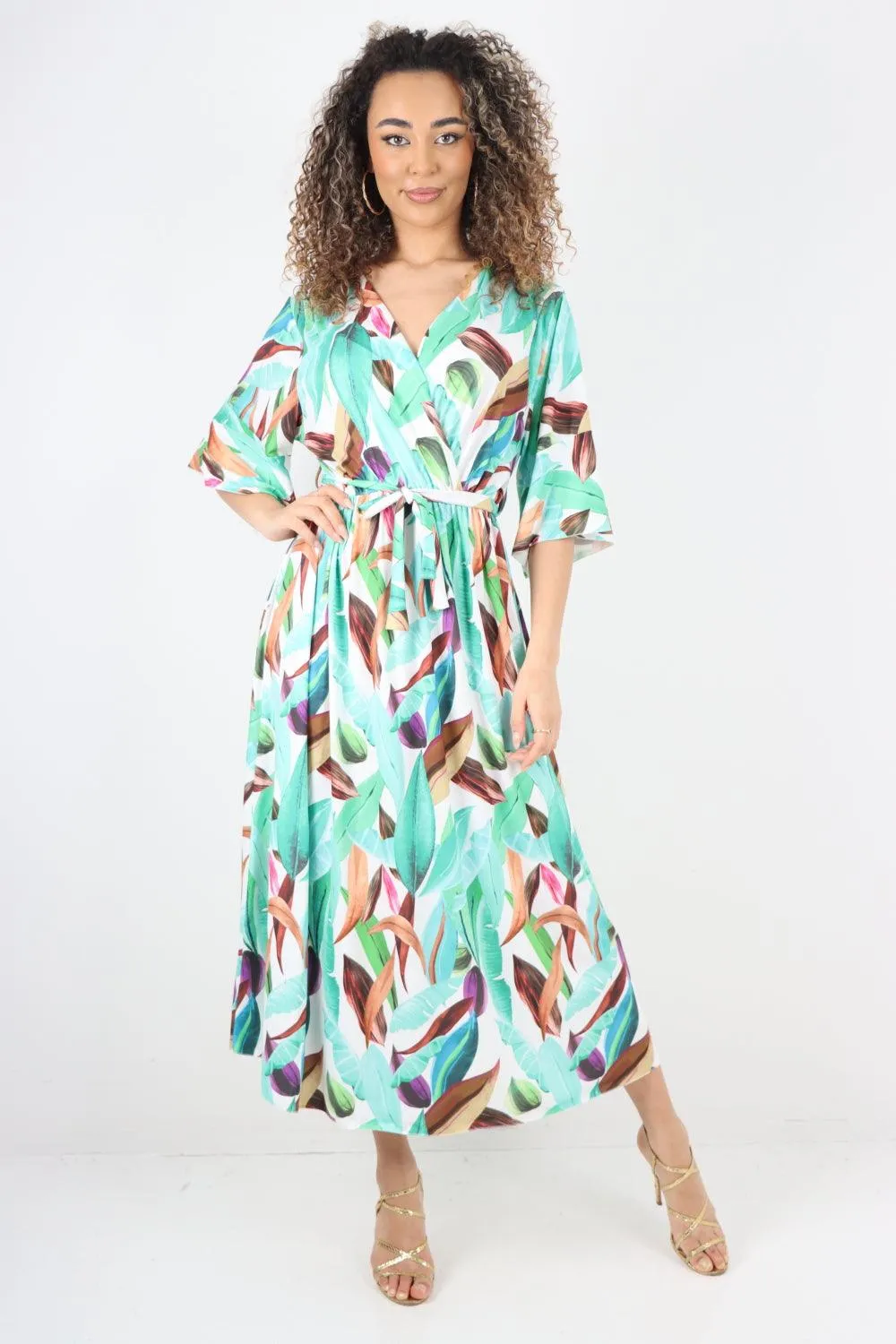 Printed Elasticated Waist Tie Multi Leaf Wrap Over Maxi Dress