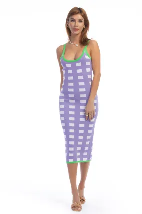 Purple Plaid Green Trim Knit Tight Maxi Dress