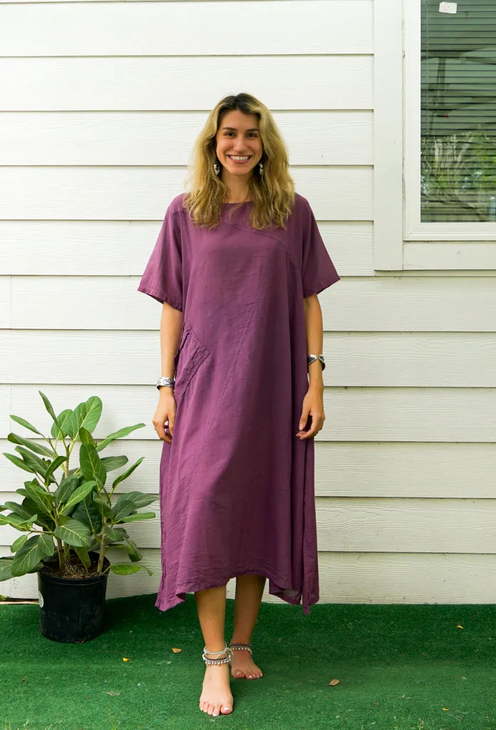 Purple Plum Raw Natural Cotton Gauze Dress with Pocket