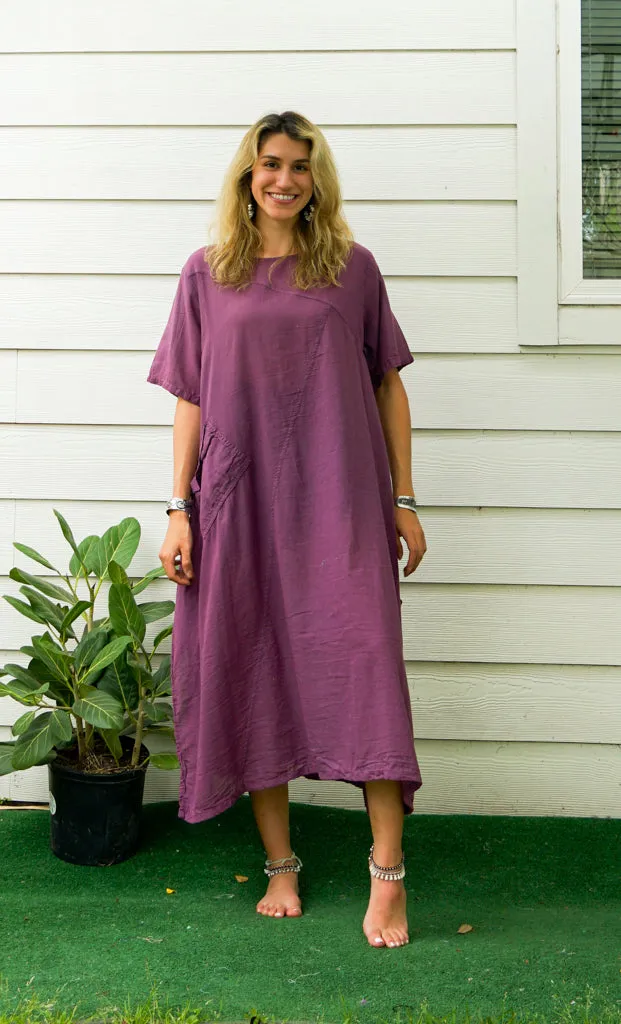 Purple Plum Raw Natural Cotton Gauze Dress with Pocket