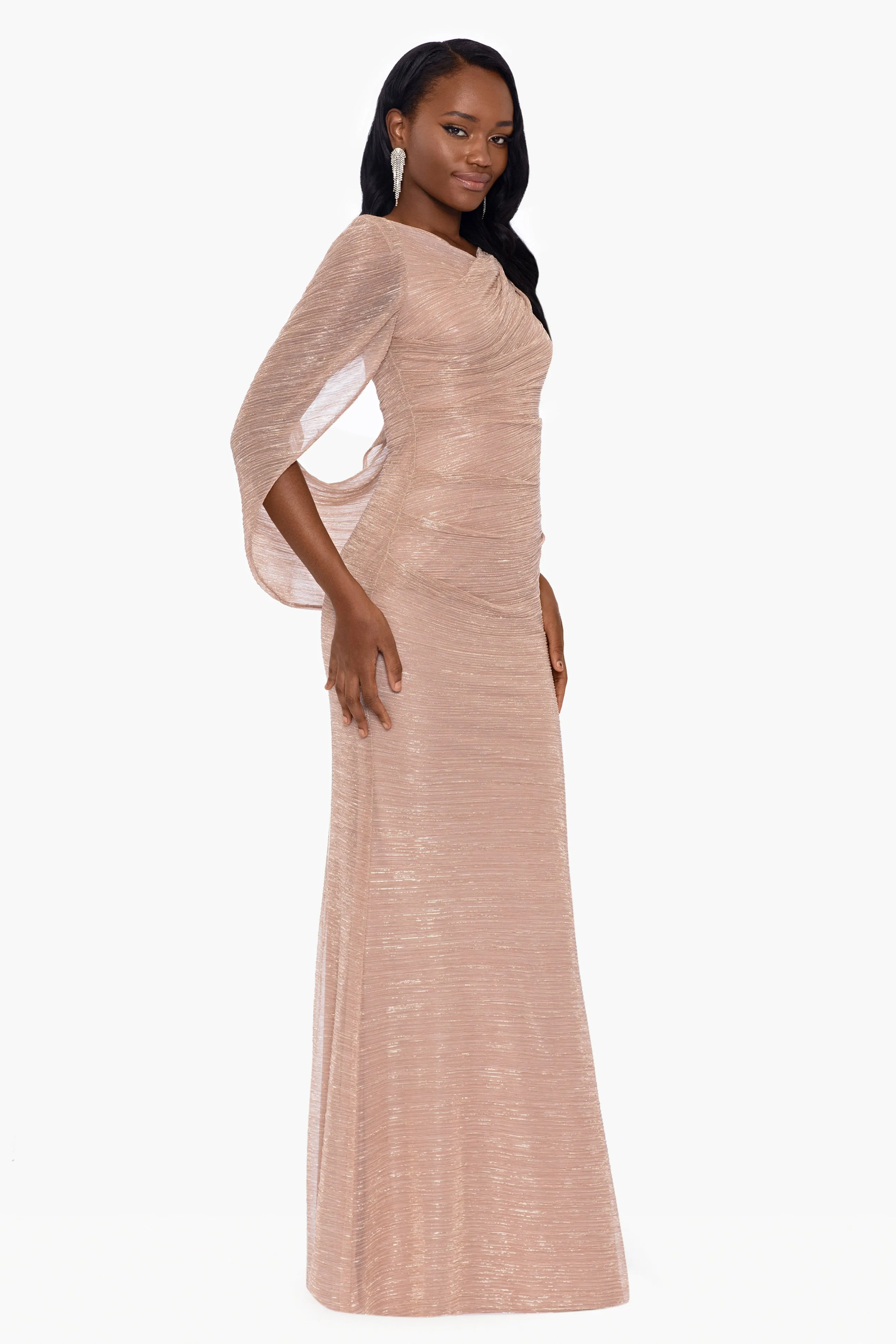 "Tamsin" Long Metallic Knit Long Sleeve Drape Dress