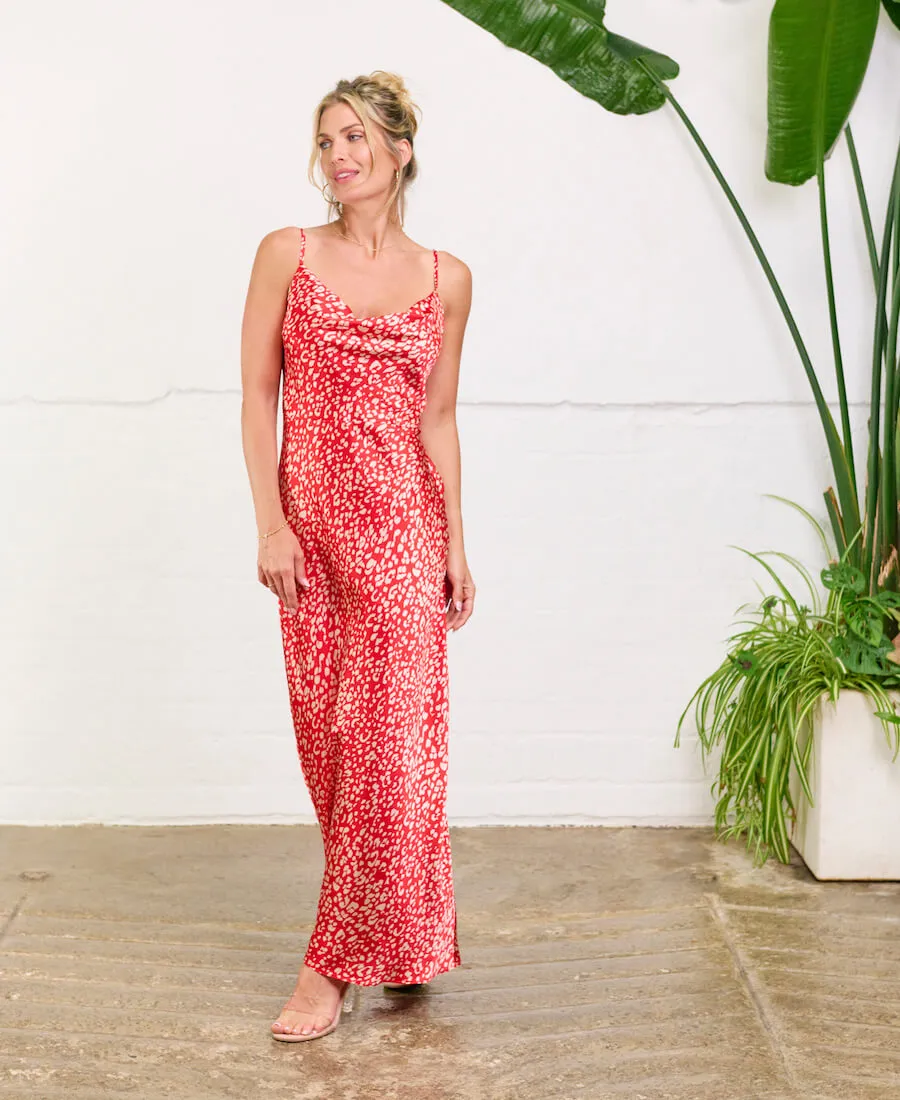 Red Animal Cowl Neck Maxi Slip Dress