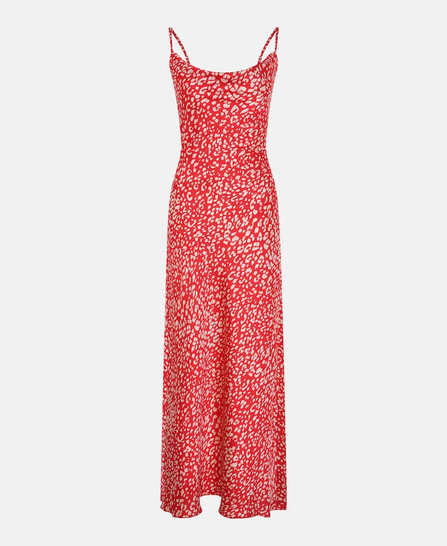 Red Animal Cowl Neck Maxi Slip Dress