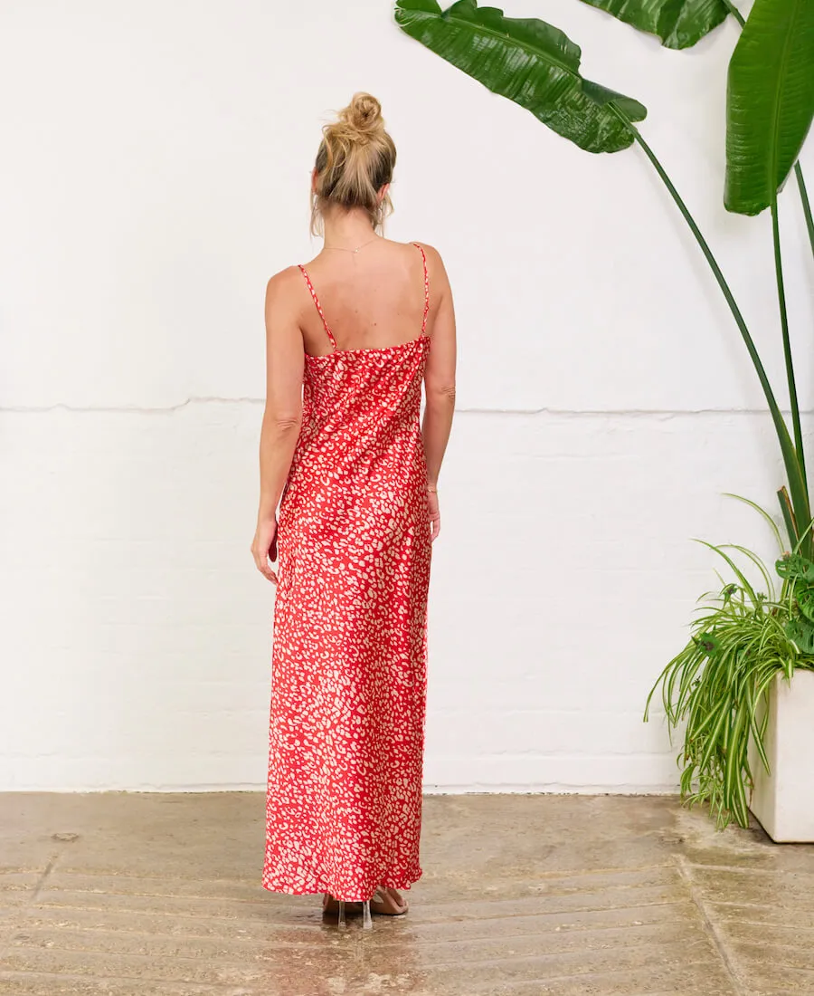 Red Animal Cowl Neck Maxi Slip Dress