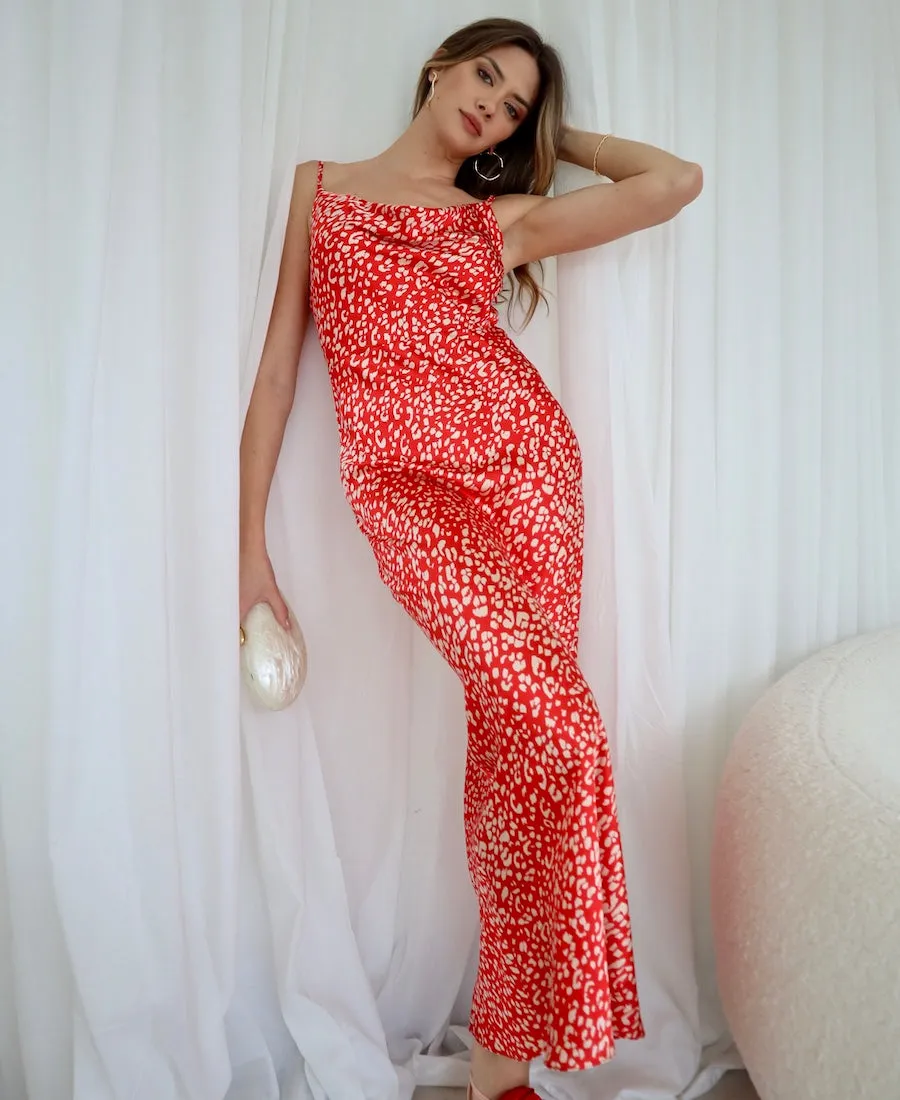 Red Animal Cowl Neck Maxi Slip Dress