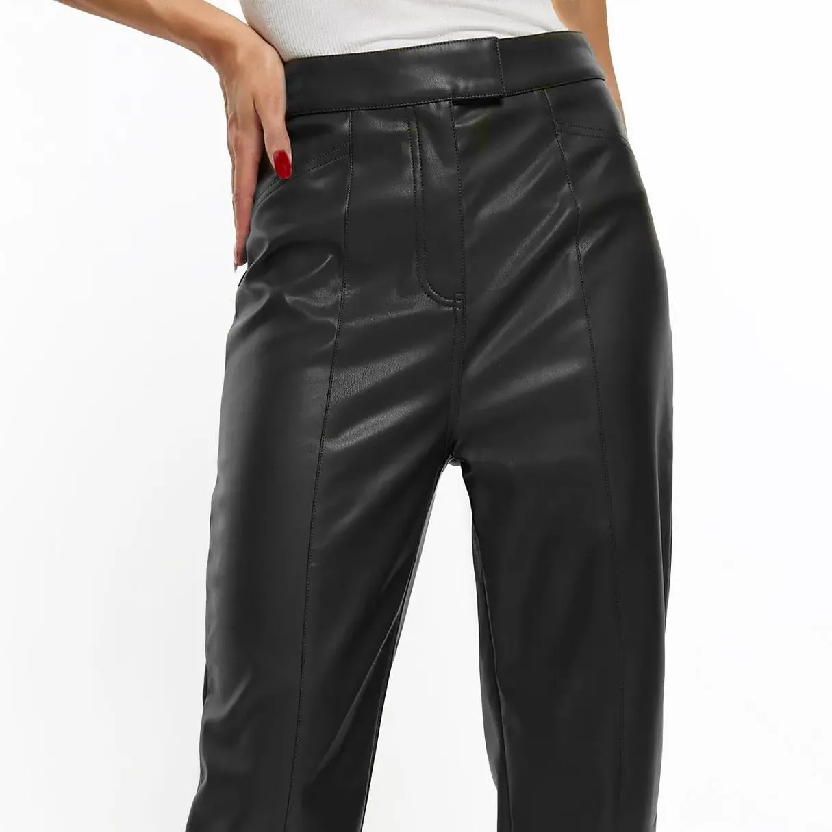 River Island Faux Leather Straight Leg Trousers Black