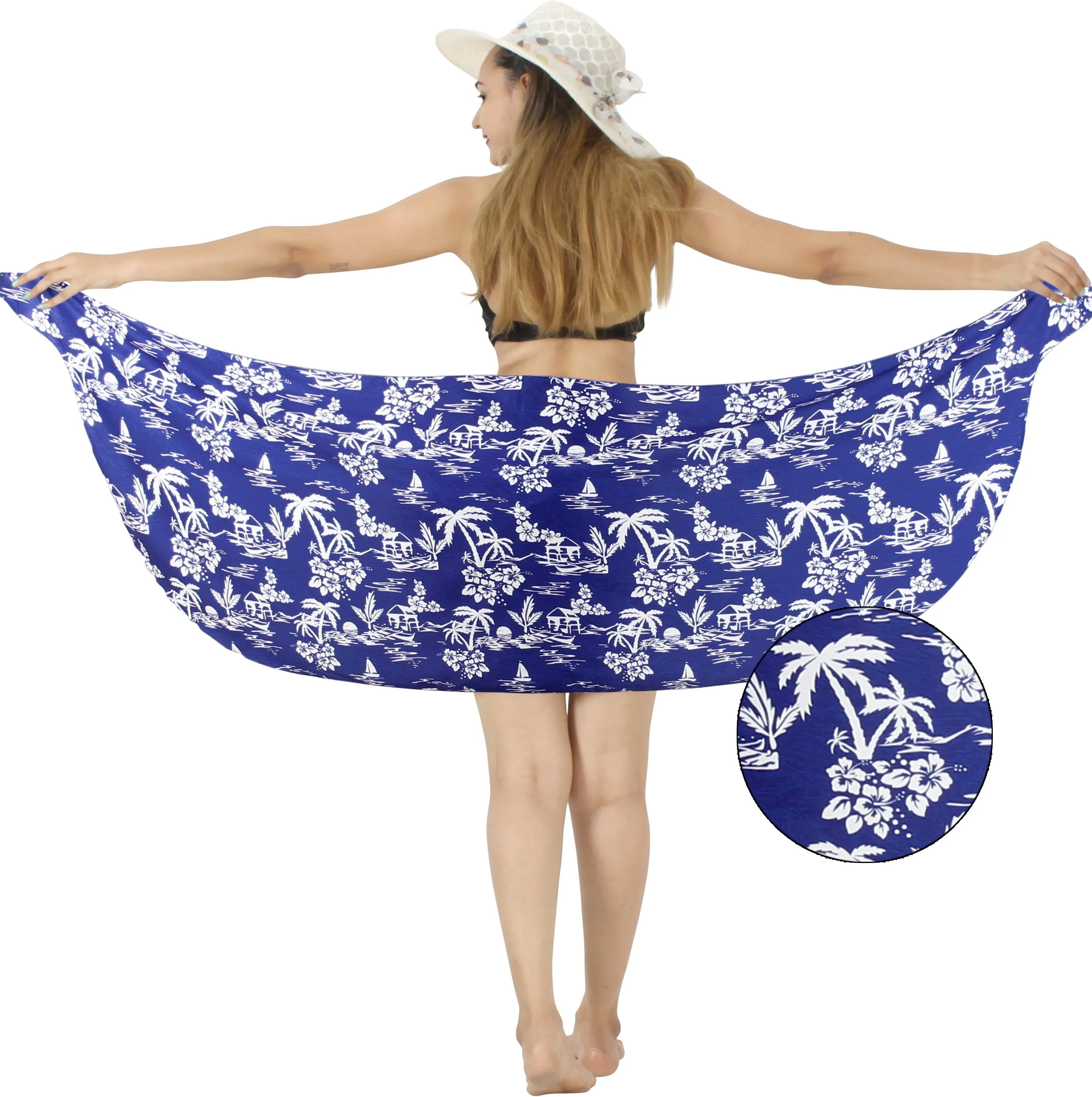 Royal Blue Non-Sheer Palm Tree and Sunset Beach View Half Beach Wrap For Women