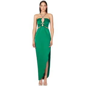 Sexy CutOut Strapless Ruched Cross Detail High Split Maxi Satin Dress