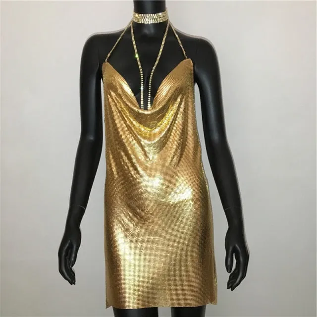 Sexy Deep V Neck Halter Split Sequined Backless Rhinestone Chain Party Metal Dress