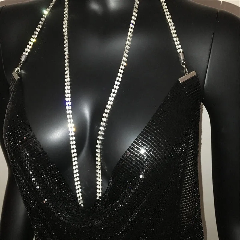 Sexy Deep V Neck Halter Split Sequined Backless Rhinestone Chain Party Metal Dress