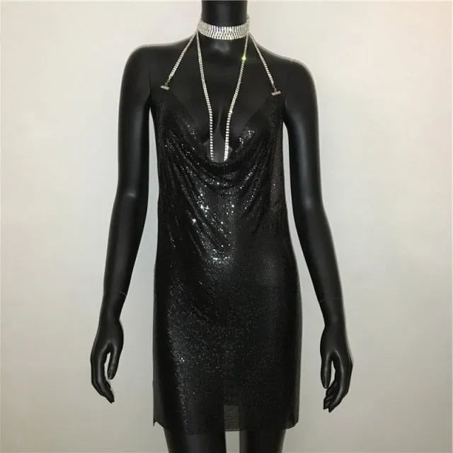 Sexy Deep V Neck Halter Split Sequined Backless Rhinestone Chain Party Metal Dress