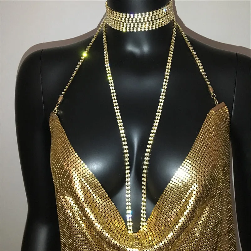 Sexy Deep V Neck Halter Split Sequined Backless Rhinestone Chain Party Metal Dress