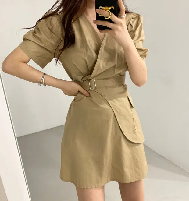 Short Sleeve Wrap Style Asymmetrical Belted Mini Dress