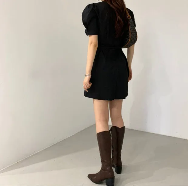 Short Sleeve Wrap Style Asymmetrical Belted Mini Dress