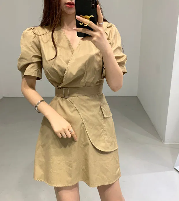 Short Sleeve Wrap Style Asymmetrical Belted Mini Dress