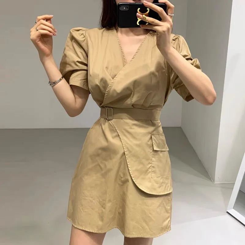 Short Sleeve Wrap Style Asymmetrical Belted Mini Dress