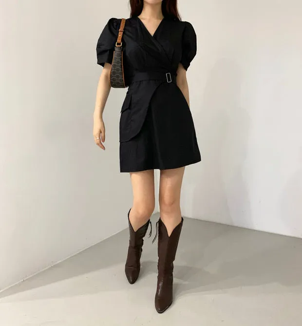 Short Sleeve Wrap Style Asymmetrical Belted Mini Dress